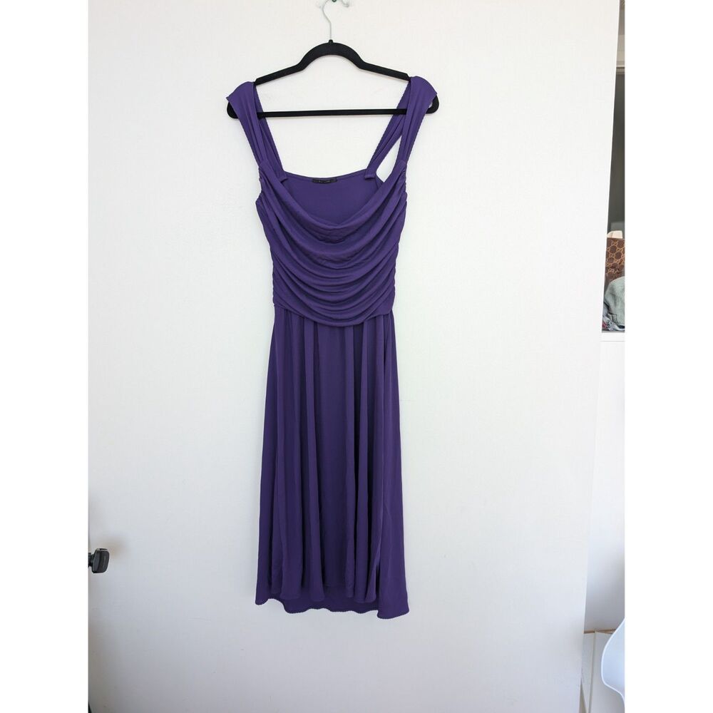 Elie Tahari Ballerina Slinky Sleeveless Ruched Purple Knee Midi Dress Sz M/L - Picture 11 of 16